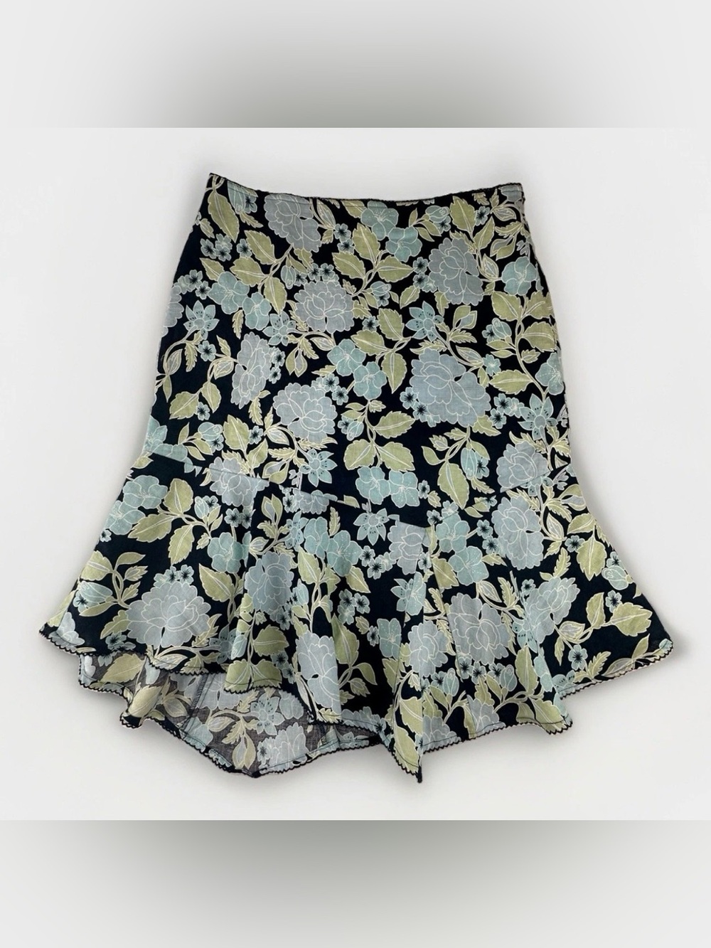 Dressbarn Womens 12 Floral 100% Linen Asymmetrical Midi Skirt Y2K Cottagecore